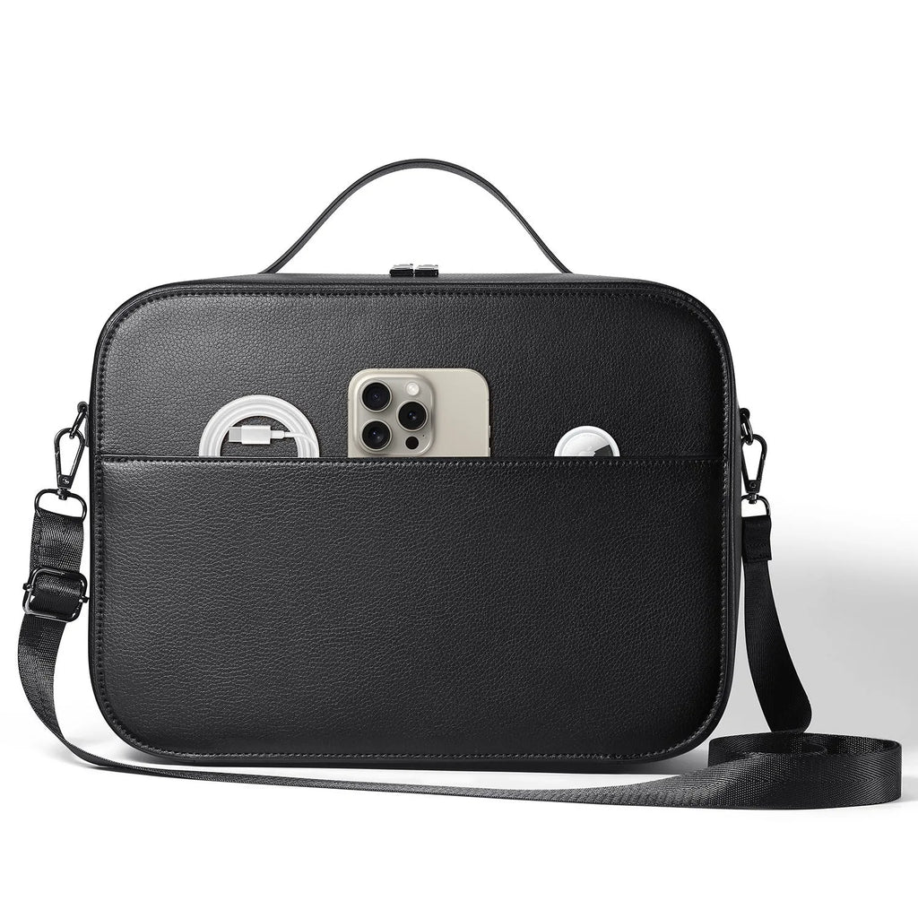 Black superfiber storage box for Apple Vision Pro MR glasses with dimensions 32.5 by 24.5 by 11.5 centimetres.