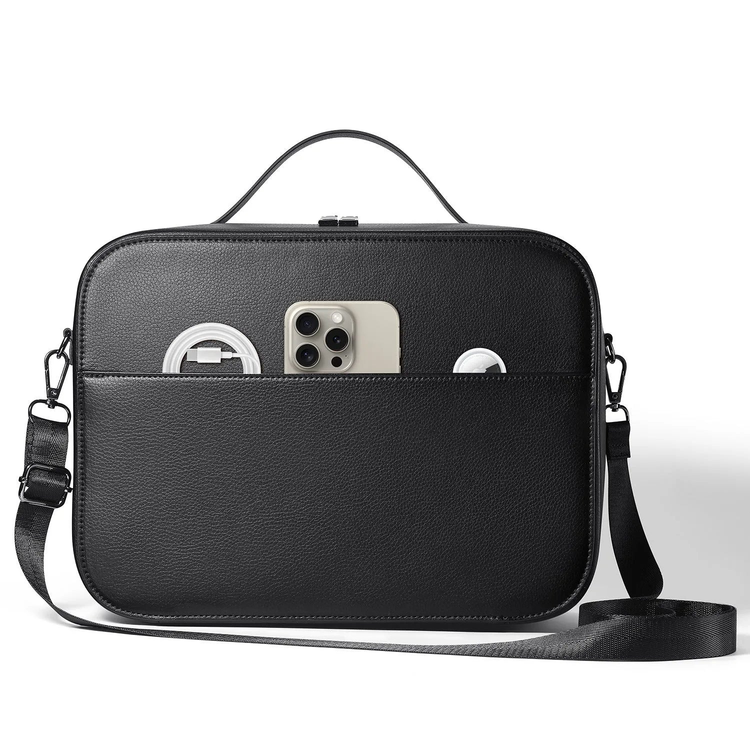 Black superfiber storage box for Apple Vision Pro MR glasses with dimensions 32.5 by 24.5 by 11.5 centimetres.