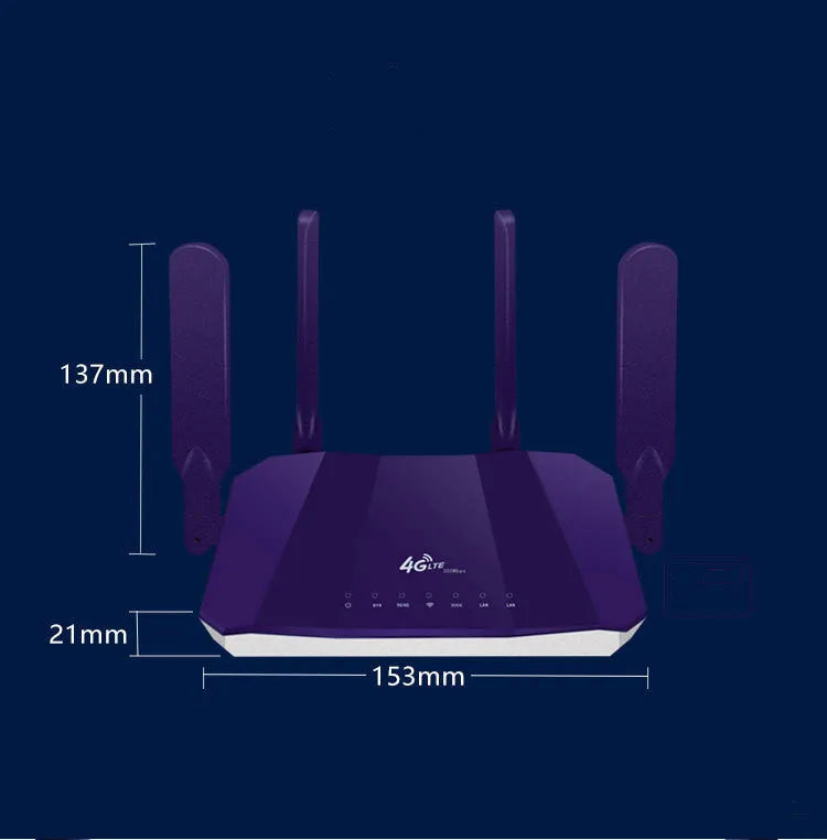Blue 4G dual mode router with four external antennas showing front panel and connectivity ports