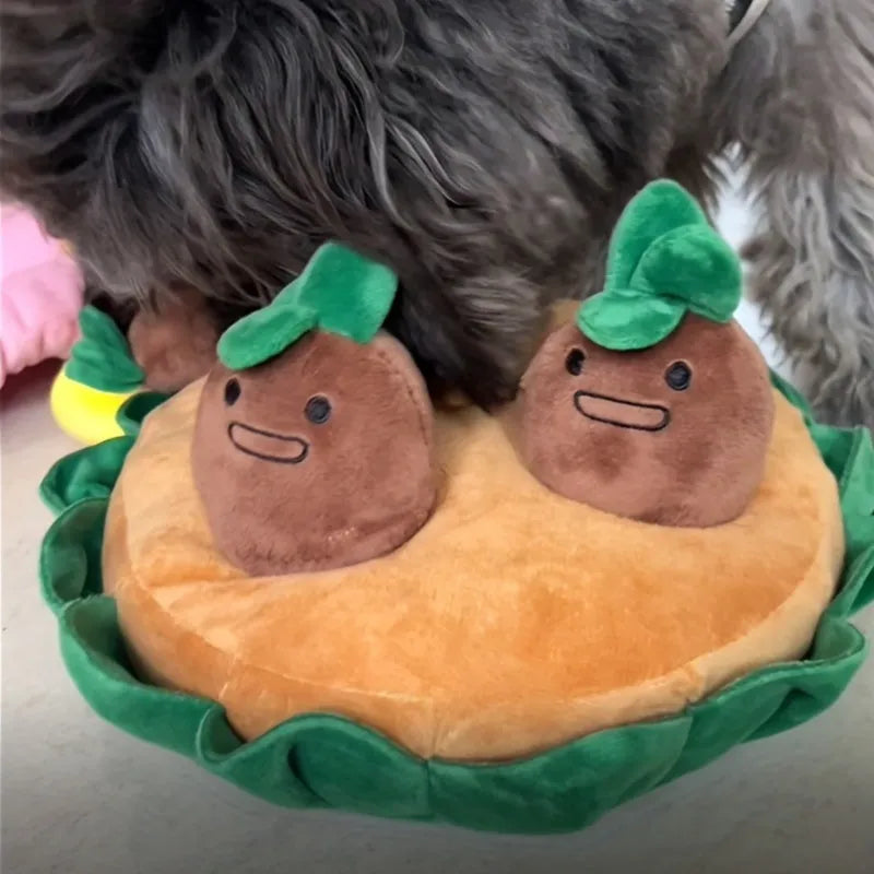Yellow interactive dog sniffing pad made of polyester with removable squeaky plush toys for foraging training