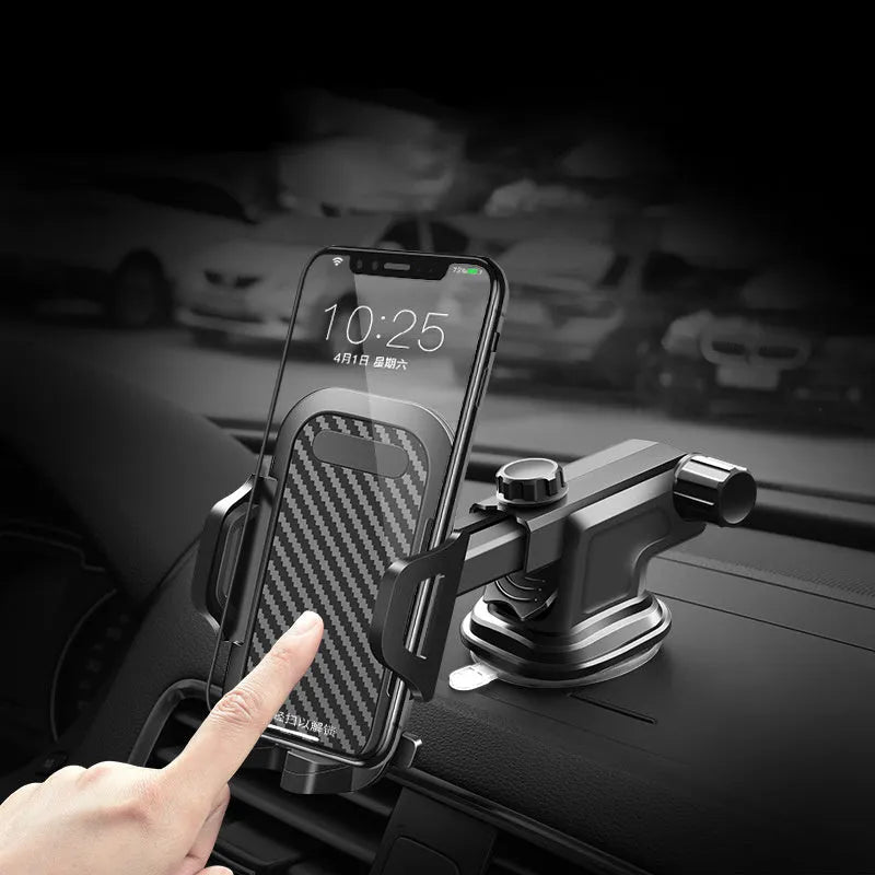 Black universal dashboard car phone holder for mobile phones between 4 and 7 inches.