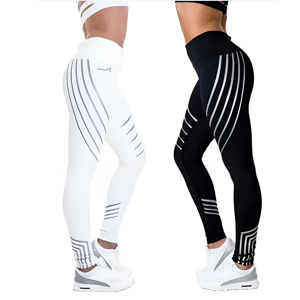 Women's black and white glow-in-the-dark fitness leggings with slim-fit pencil pants design