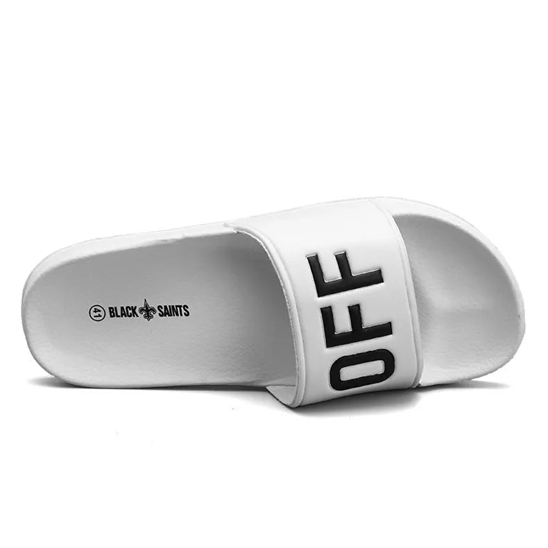 Men's black open-toe slippers with rubber sole showing size range from 36 to 46