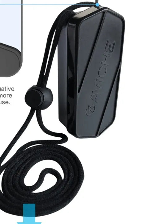 Black plastic air purifier necklace showing dimensions of 80mm height x 37mm width x 24mm depth