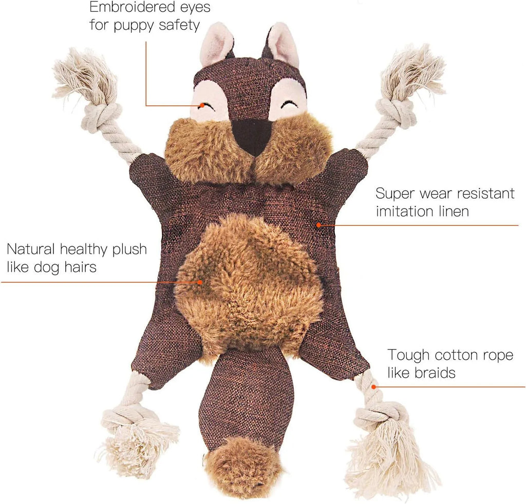 Brown fox-shaped plush dog toy with embroidered eyes, cotton rope limbs, and squeaker crinkle features.
