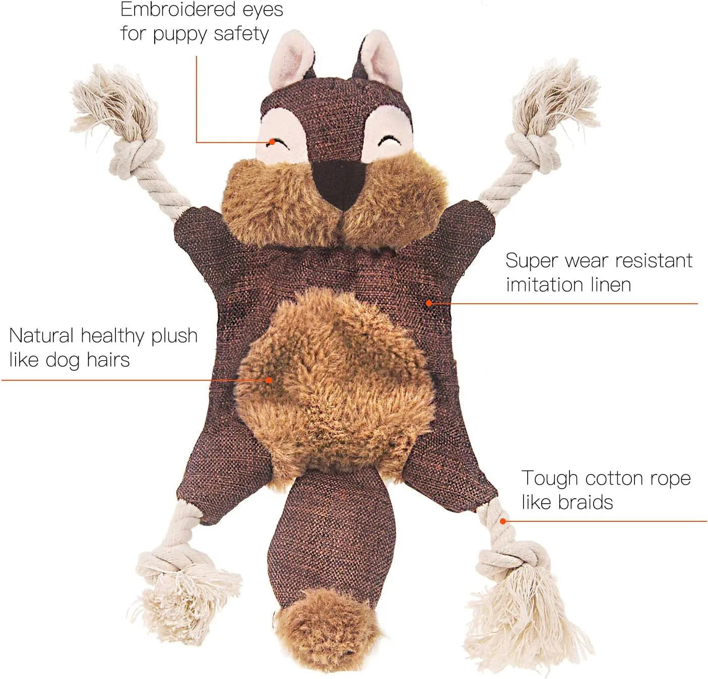 Brown fox-shaped plush dog toy with embroidered eyes, cotton rope limbs, and squeaker crinkle features.