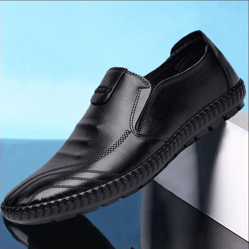 Men's black and brown PU leather business shoes with flat soles in lace and slip-on styles