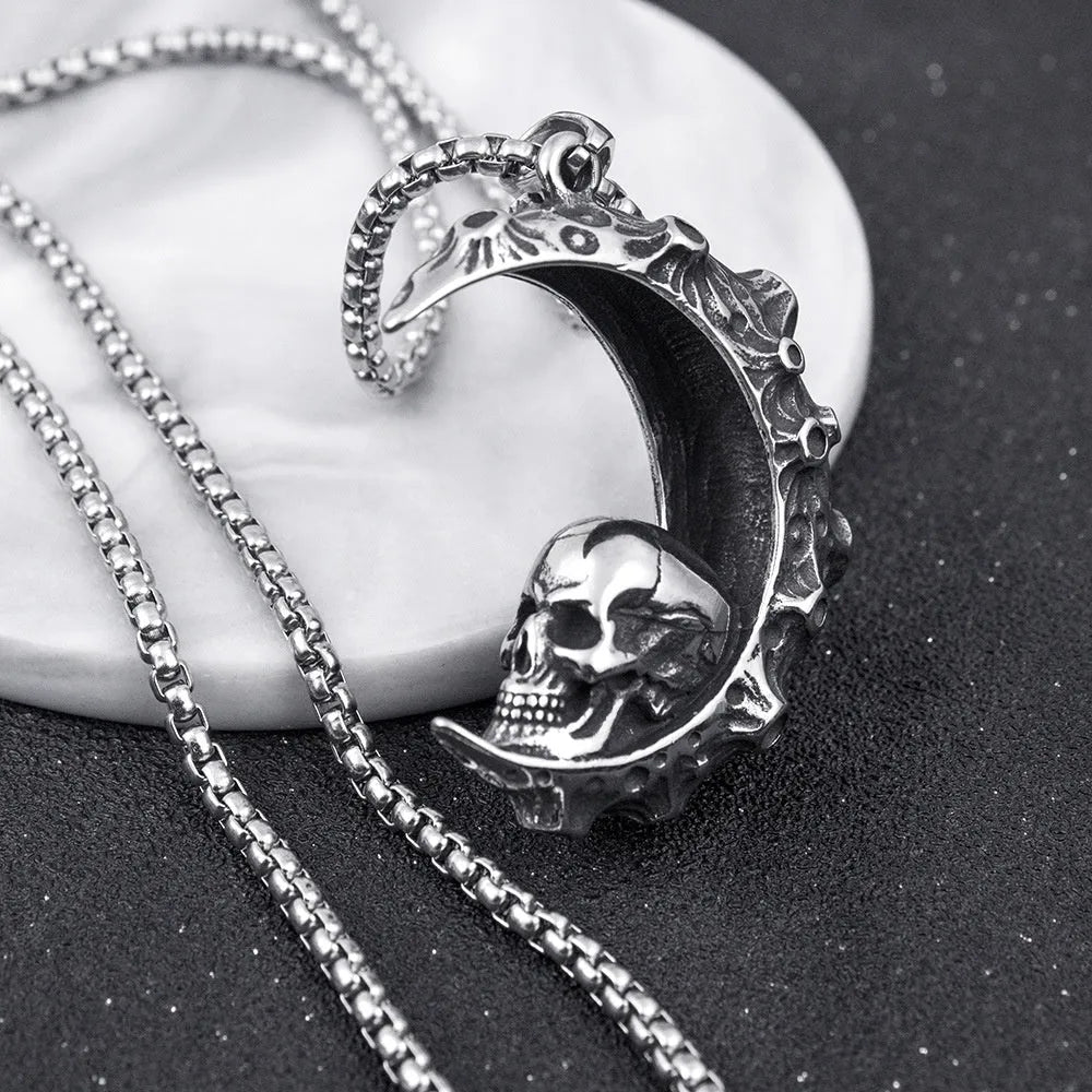 Men's stainless steel skull necklace with electroplated silver finish showing six pendant design variations