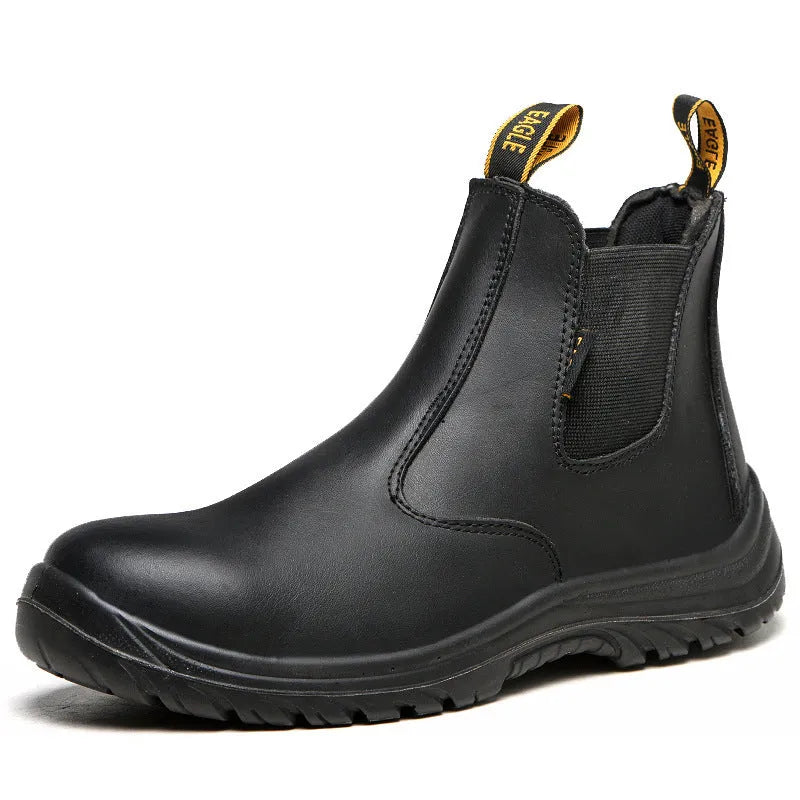 Black high-top leather safety work boots with anti-piercing sole on a grey industrial background