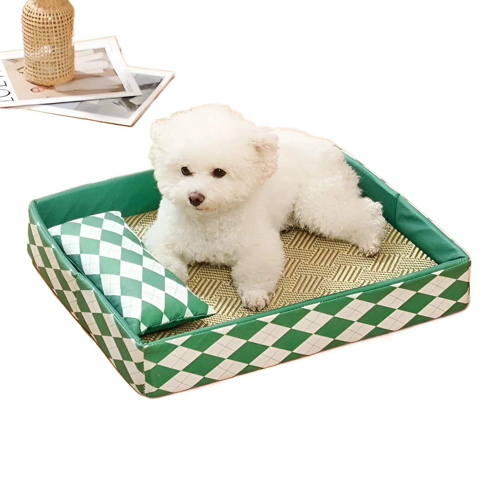 Blue rattan woven cat bed mat shown in a large size, placed on a wooden floor.