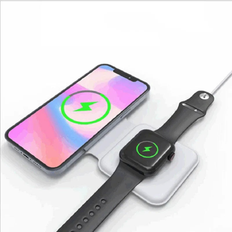 White foldable magnetic wireless charging dock showing dual charging surfaces and Type-C port