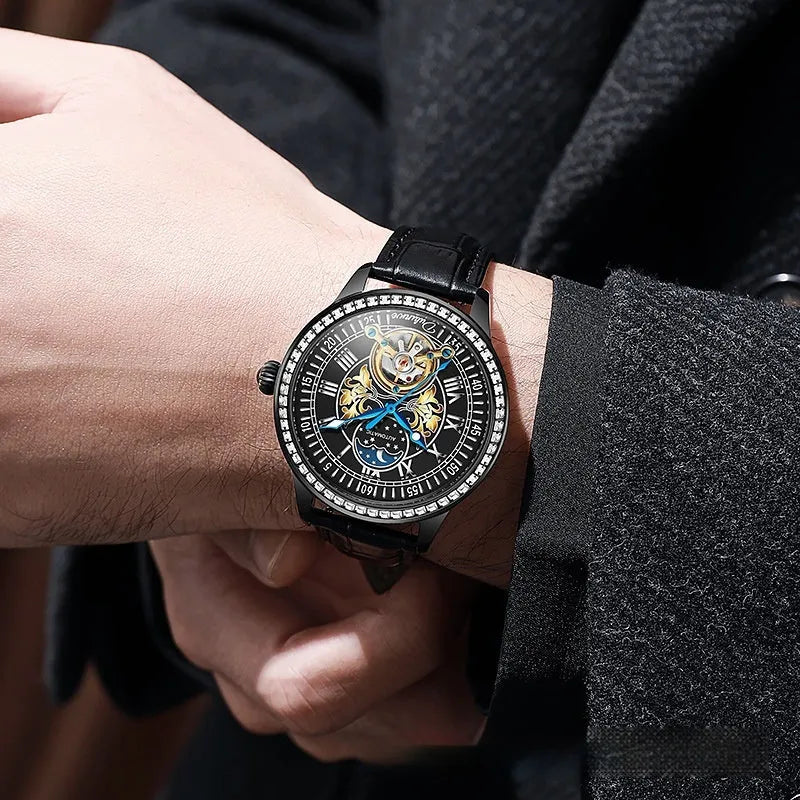 Men's mechanical watch with stainless steel strap, round dial, and transparent case back showing movement