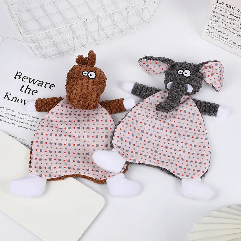 Brown and orange soft velvet pet stuffed toys shaped as an elephant and a fox for cats and dogs.