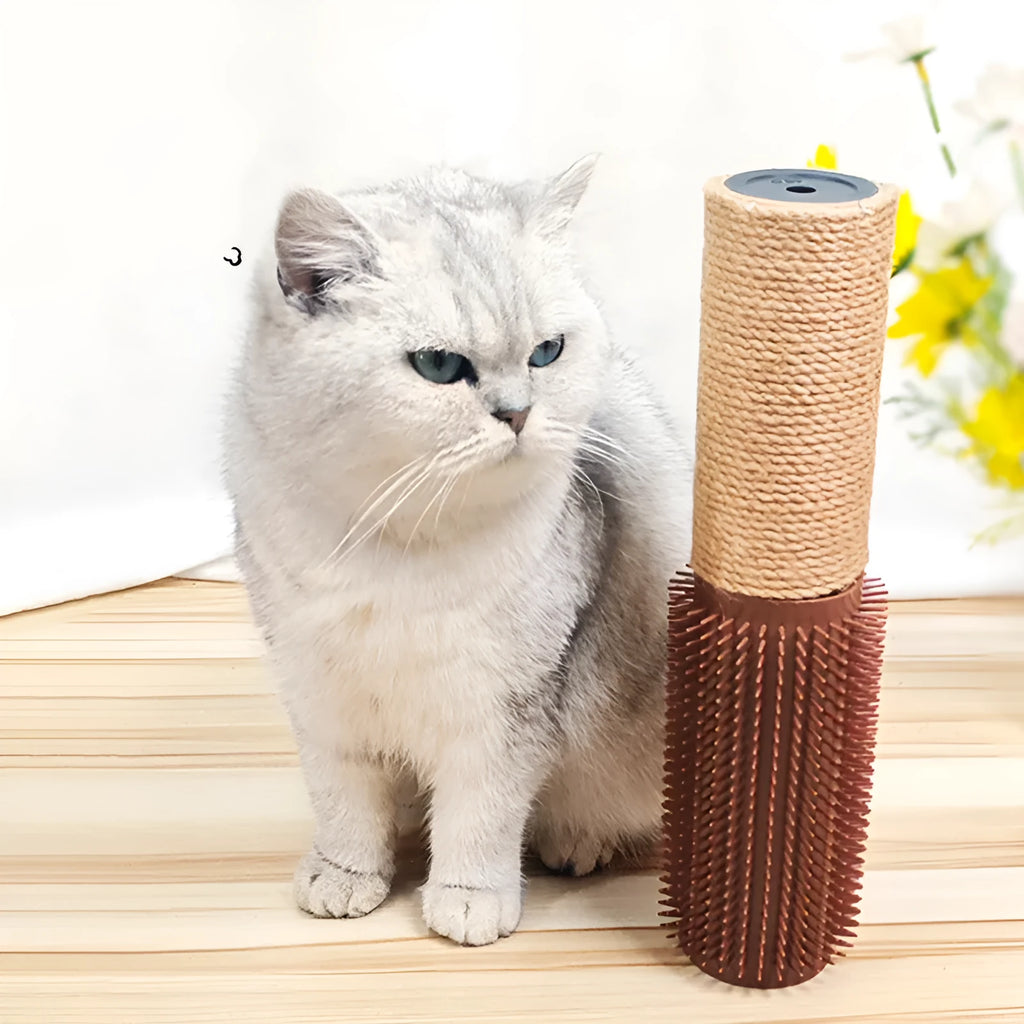 Brown sisal rope cat scratching post standing 30cm tall on a floor.