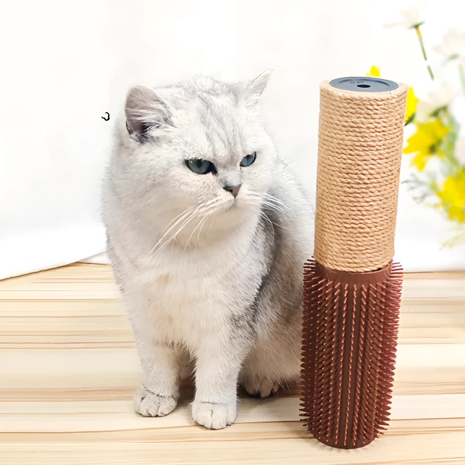 Brown sisal rope cat scratching post standing 30cm tall on a floor.