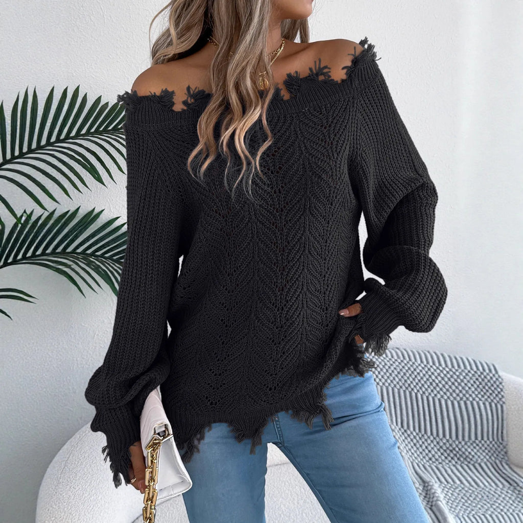 White hollow-out pullover sweater with cut off-the-shoulder design and long sleeves