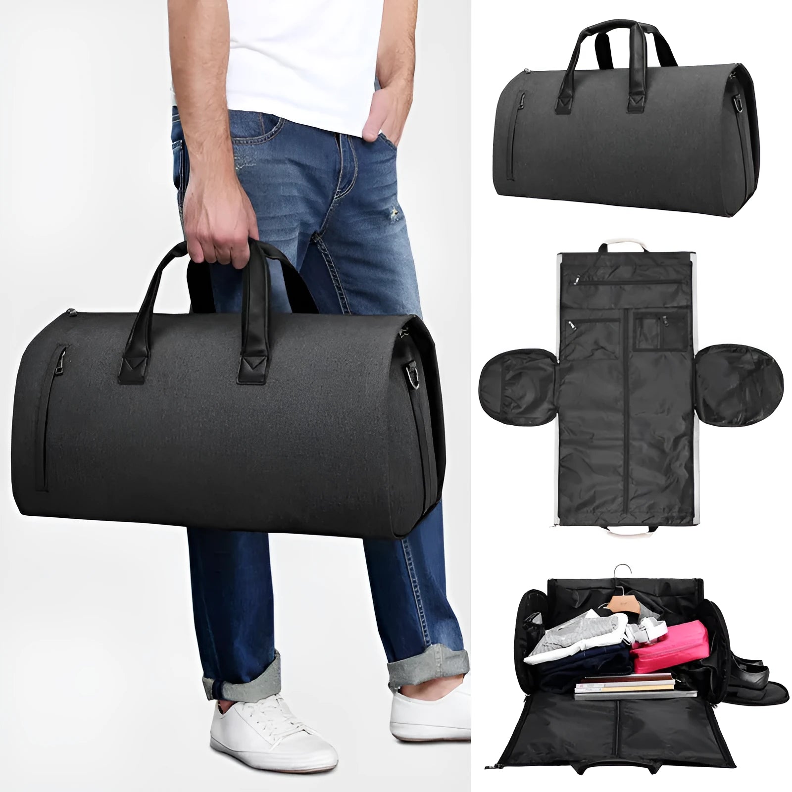Oval shaped travel bag with internal compartments for wet/dry separation and organised packing