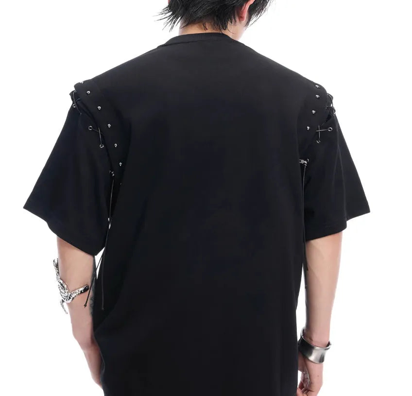 Deconstruction style short sleeve T-shirt with lace-up cutout detailing in black.