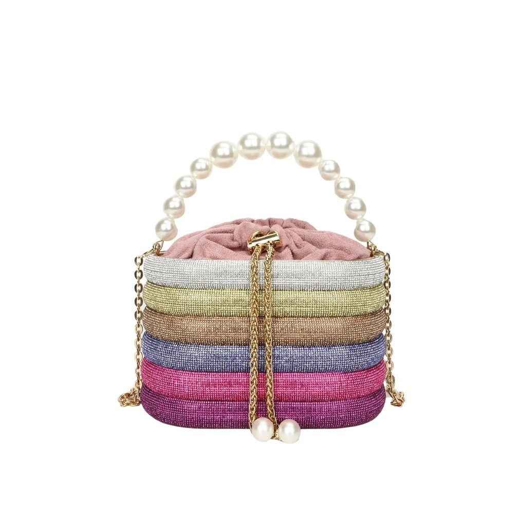Women's retro pearl beaded crossbody bag in soft PU with round shape and single shoulder strap