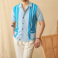 Short-sleeved striped knit cardigan polo shirt with a lapel collar, shown in a light blue colour.