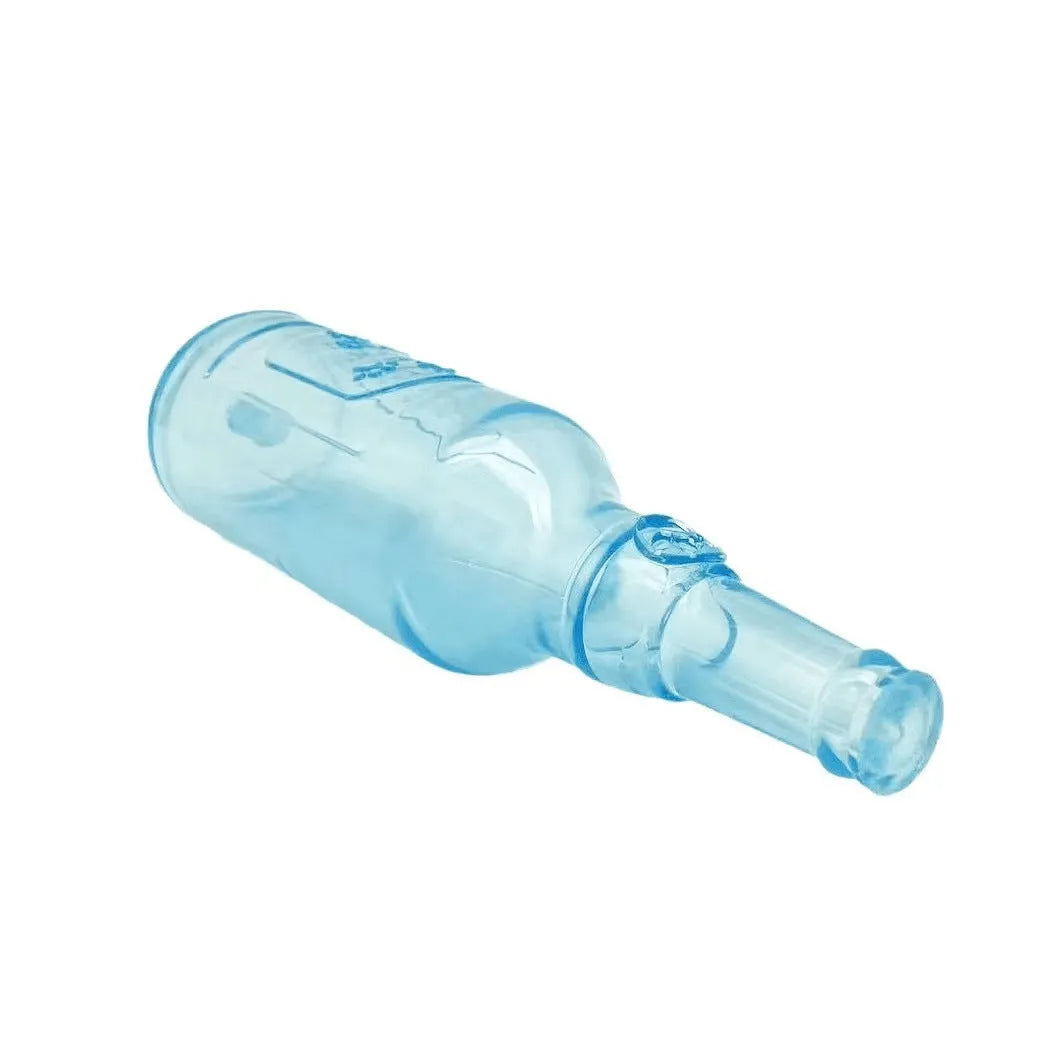 Blue water bottle dog chew toy with squeaker floating in pool for interactive play.