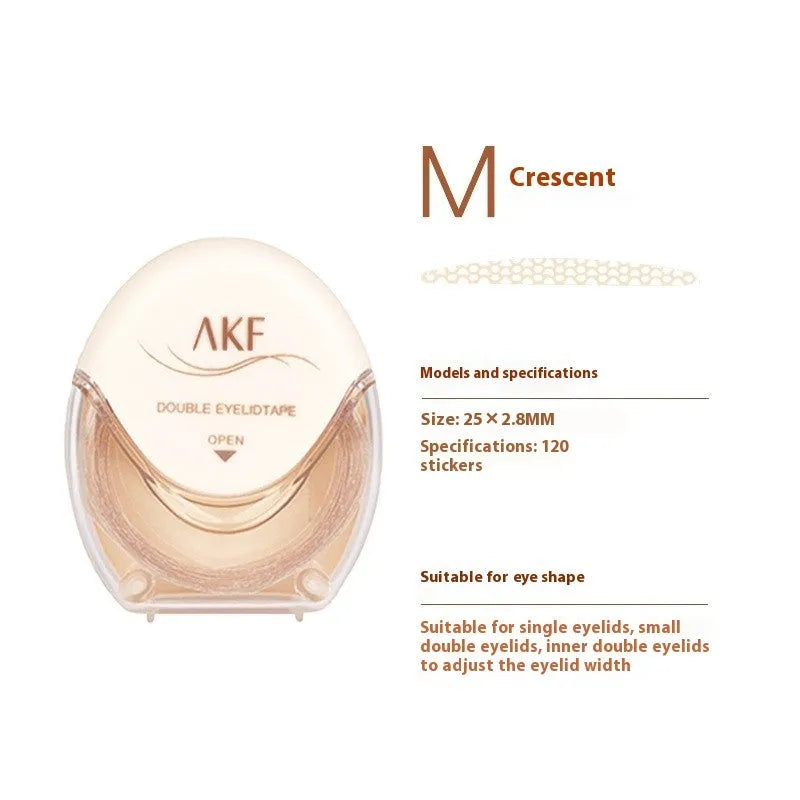 Roll of 120 invisible lace double eyelid stickers in crescent or olive shapes.