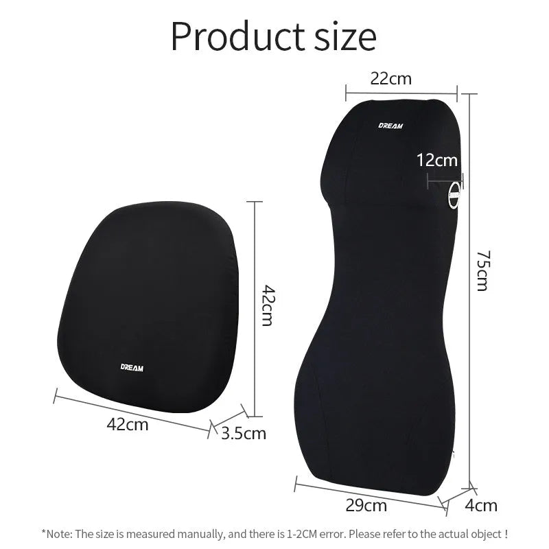 Black automotive memory foam waist cushion and headrest lumbar support pillow set on car seat
