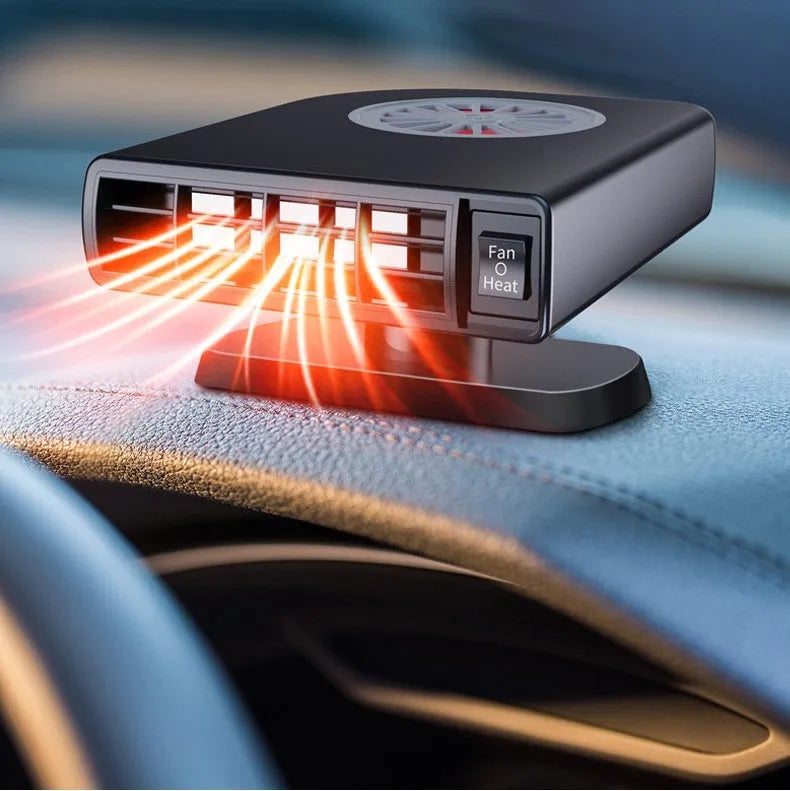 Black compact vehicle-mounted heater for car defrosting and defogging with 360-degree rotation.