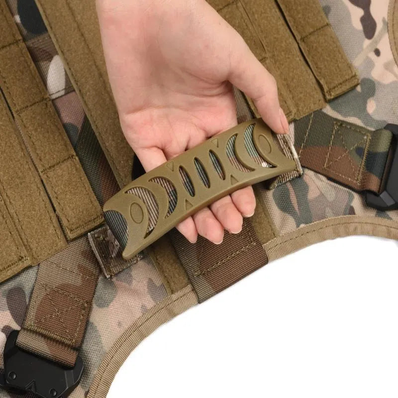 Dog wearing tactical combat vest set with harness attachment points in army green colour