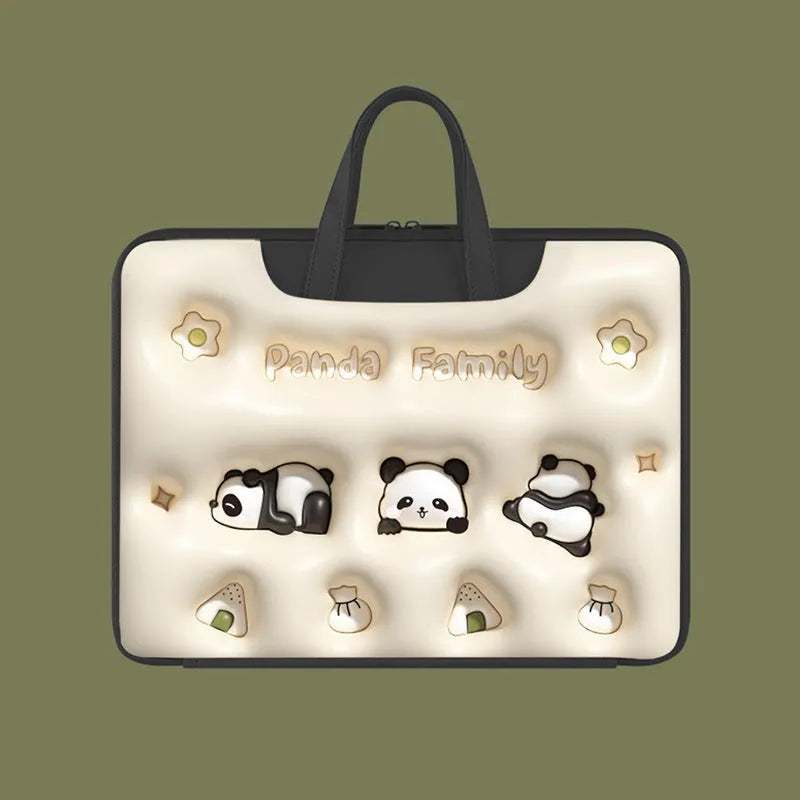 Inflatable laptop bag in a cute panda design with a strap for attaching to a suitcase handle.