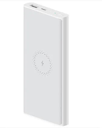 White or black 10000mAh polymer lithium ion power bank with fast charging and wireless output.