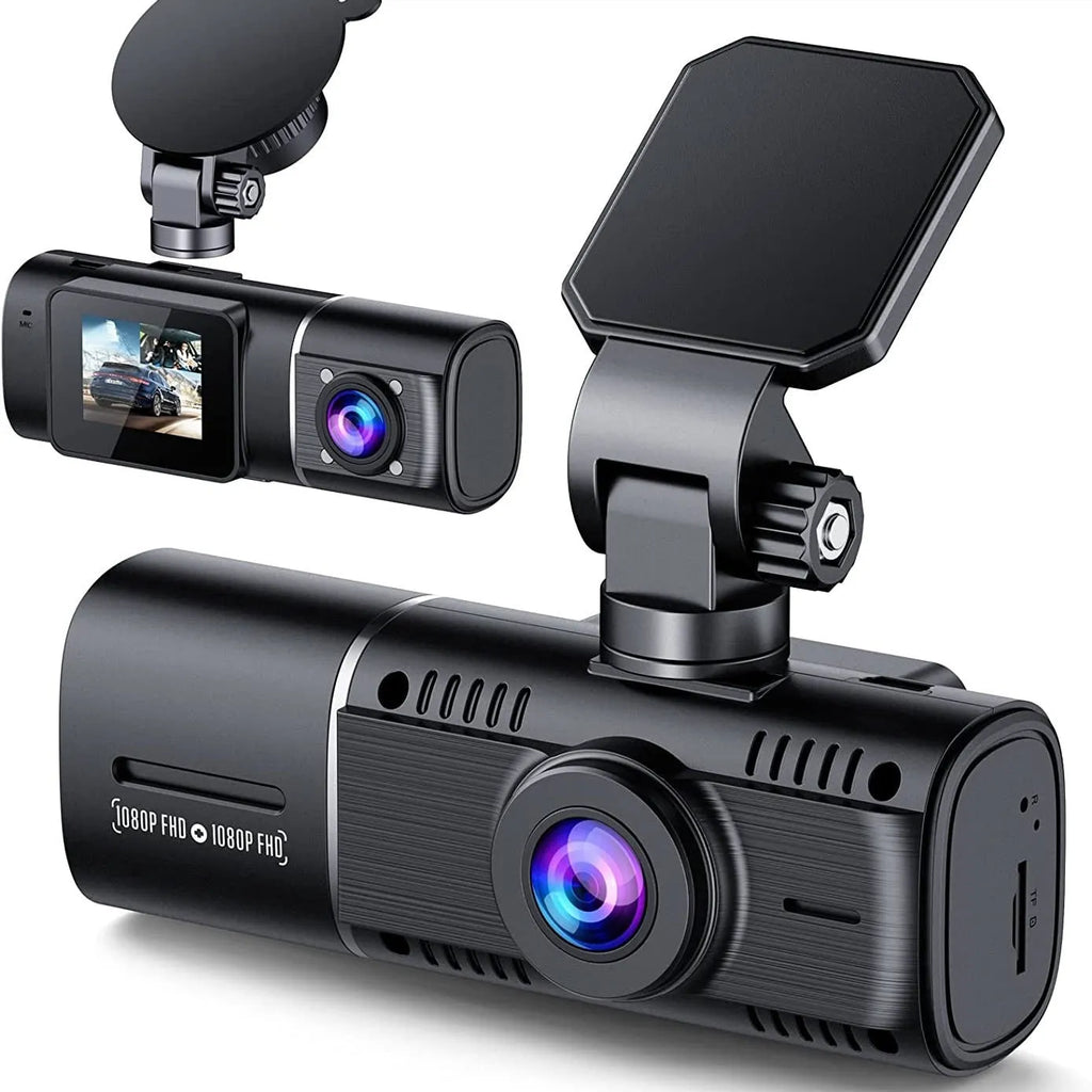 Black 1080p dual recording car dash camera with 1.5 inch screen on a windscreen stand.