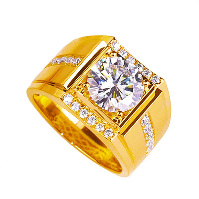 Men's adjustable copper ring with imitation moissanite stones in geometric pattern