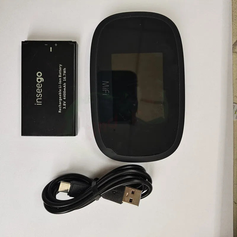 Black mifi8000 4G portable wireless router with battery and cable on a white background.