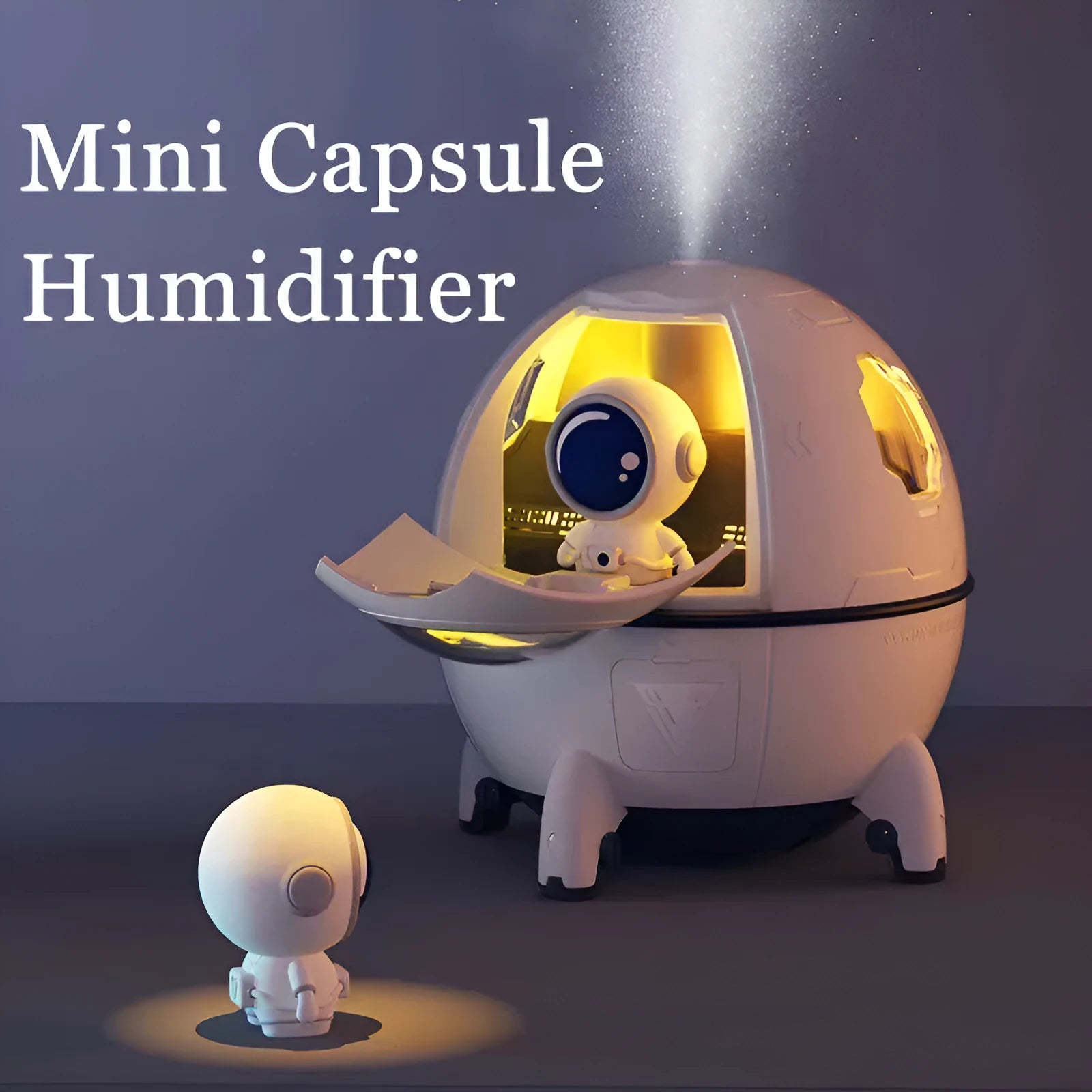 Astronaut-themed USB desktop humidifier with colourful LED base and compact 110mm design