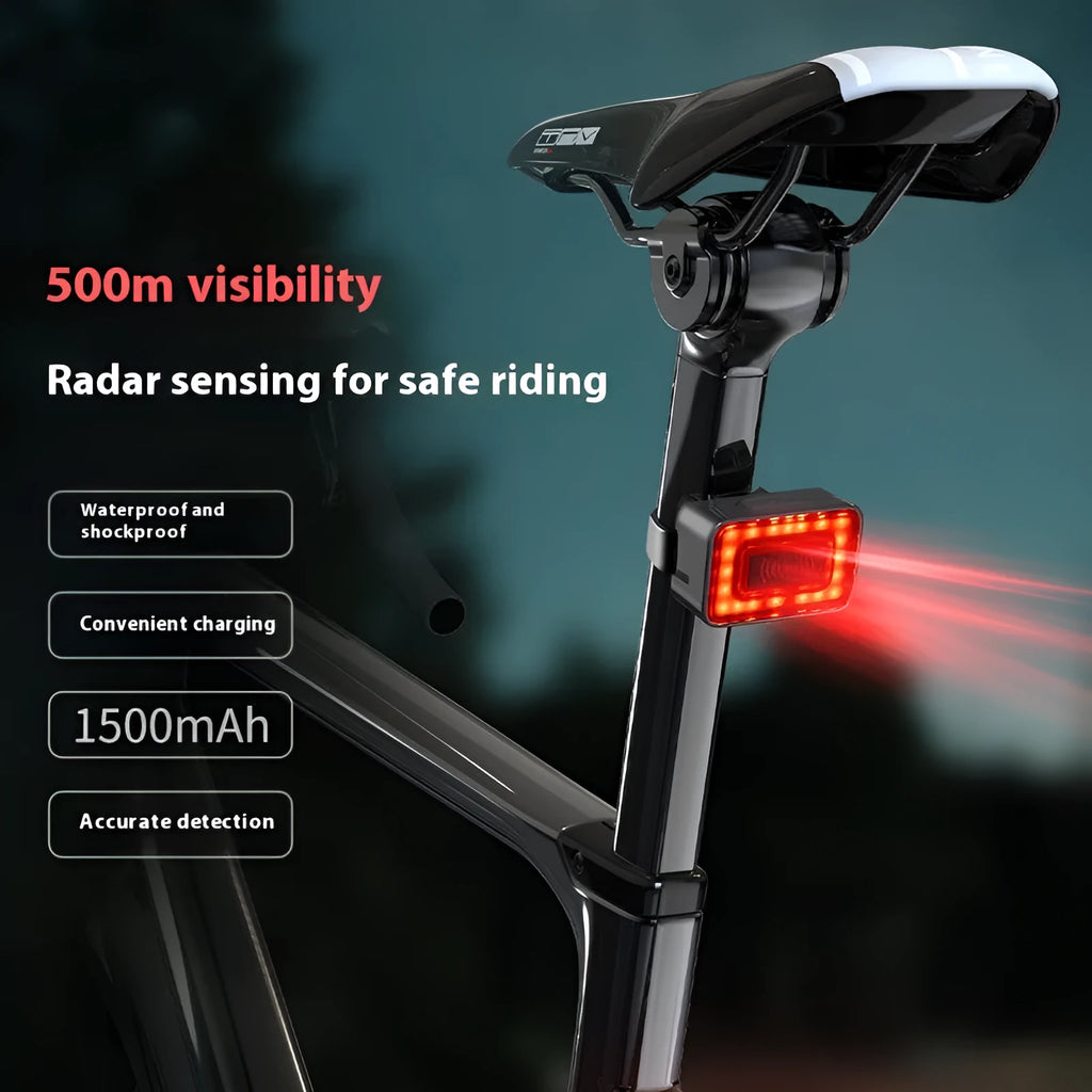 Smart radar detection bicycle taillight with USB-C charging port and mounting bracket