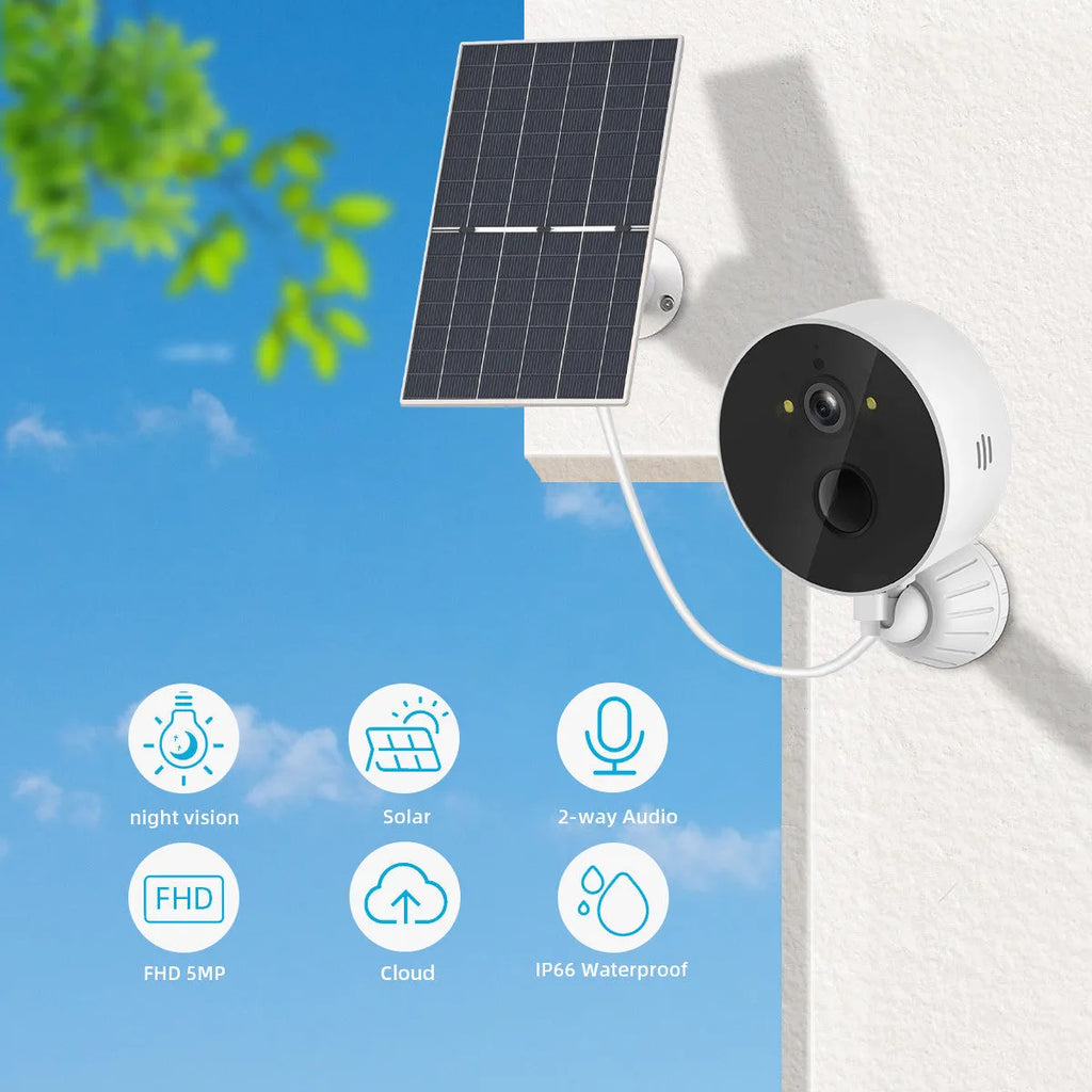 Outdoor solar security camera with 1080P HD resolution and attached solar panel for wireless monitoring