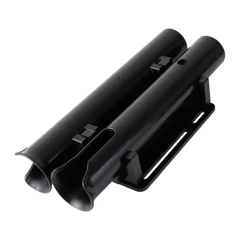 Plastic fishing rod rack clamp mounted on bicycle frame with fishing rods secured