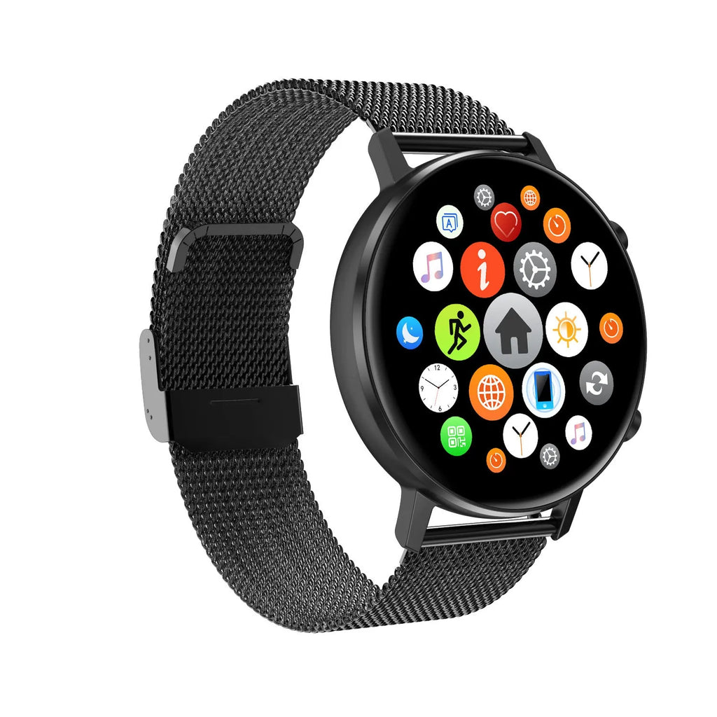 DT96 smart fitness bracelet with steel strap on a wrist, showing the 1.3-inch display.