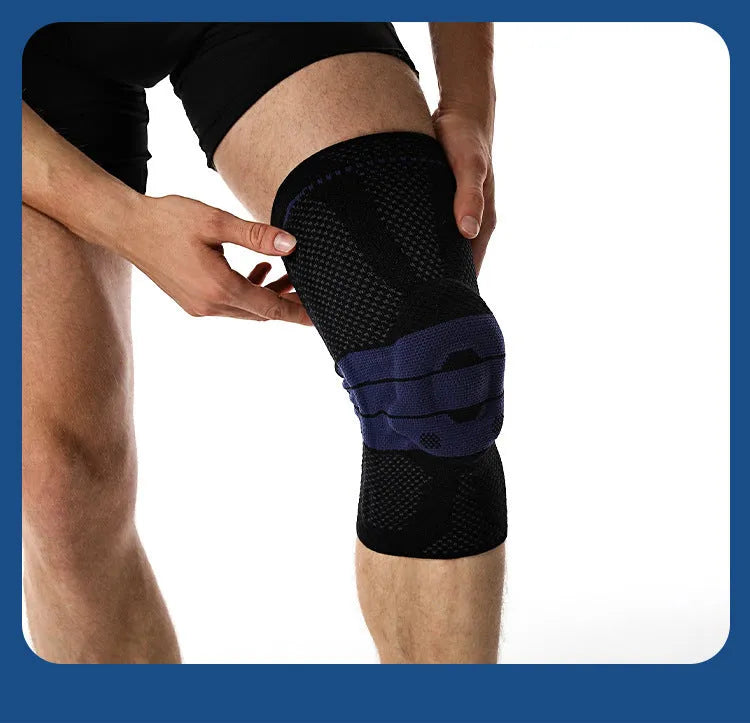 Adult sports knee pads in black and blue colour with nylon-spandex construction