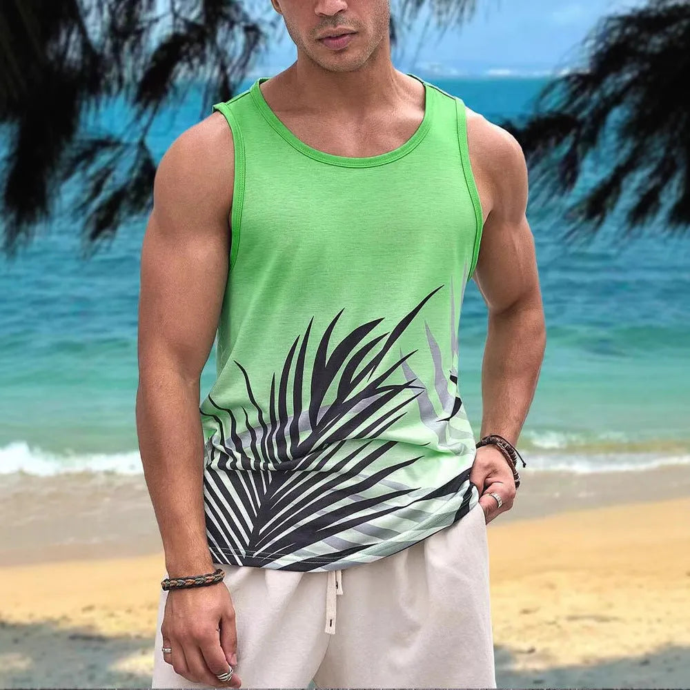 Men's Hawaiian style 3D printed sleeveless vest t-shirt in polyester fabric