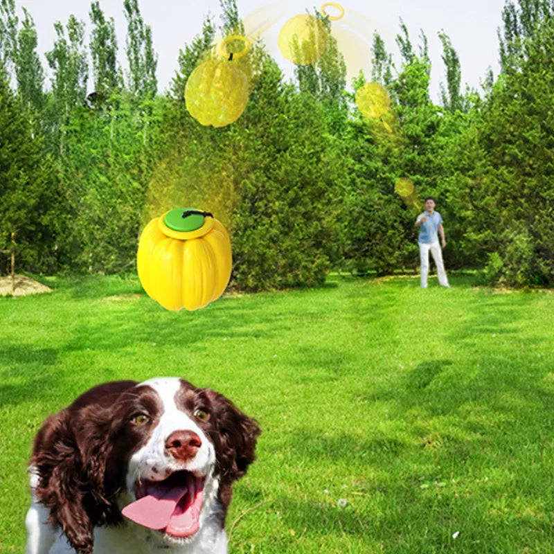 Green, orange, and yellow plastic pumpkin-shaped squeaker dog ball toy for puppies and small dogs.
