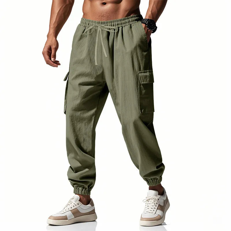 Men's linen casual trousers with ankle ties and drawstring waist in solid colour