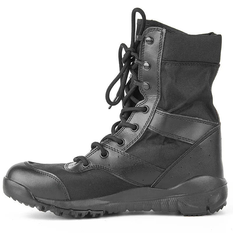 Summer Yulong Combat Boots in black and sand colour, tactical desert climbing footwear for men and women.