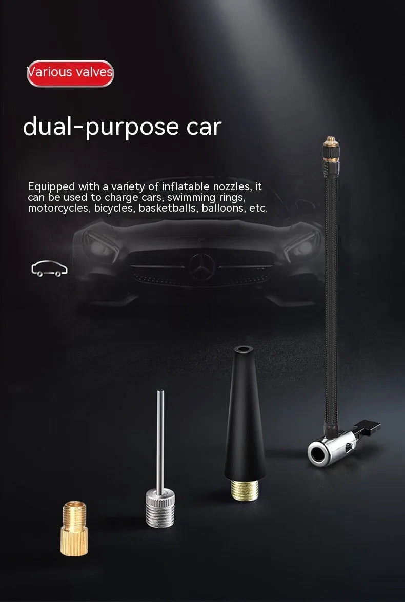 Red and black portable car air pump with wired and wireless operation for tyre inflation
