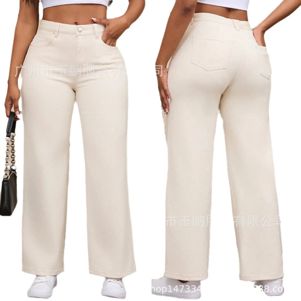 Women's straight wide-leg autumn jeans in apricot colour with high waist design