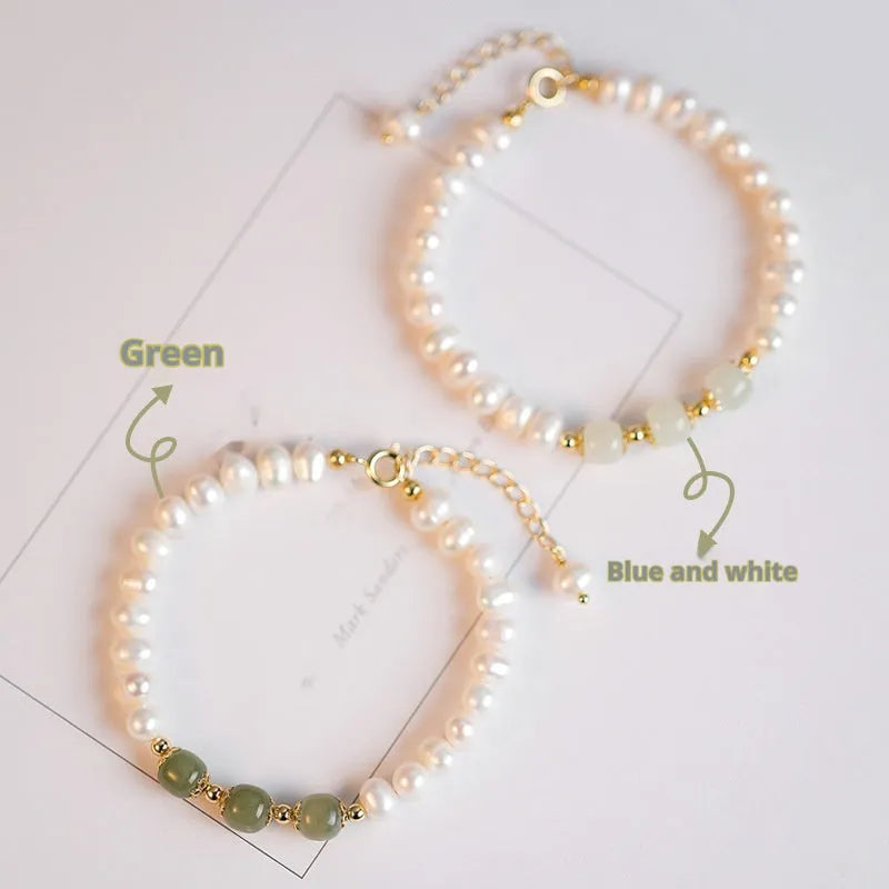 A diamond-shaped natural freshwater pearl bracelet in a Korean style, shown in deep Hetian jade colour with an electroplated finish.