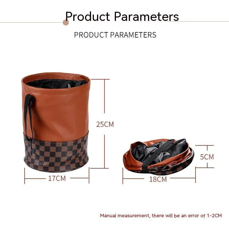 Leather retractable car trash can with handle in folded position