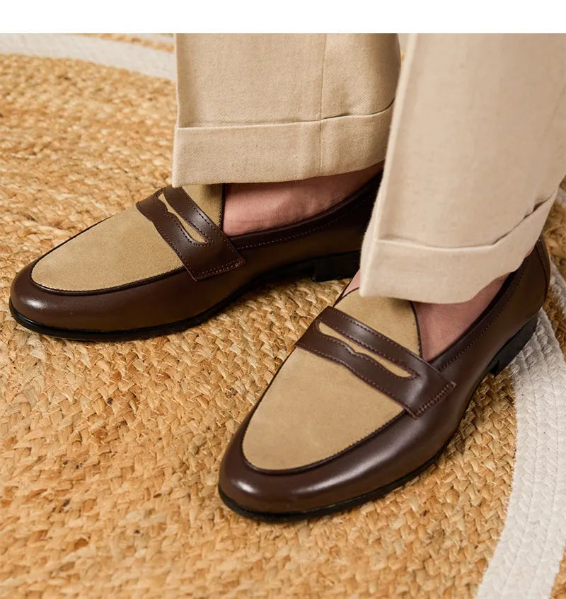 Coffee grey suede loafers with high-gloss finish and slip-on design
