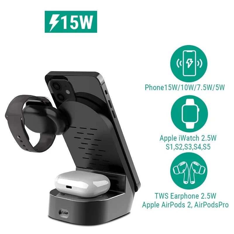 Black grey foldable 3-in-1 wireless charger vertical stand showing phone, watch and headphone charging areas